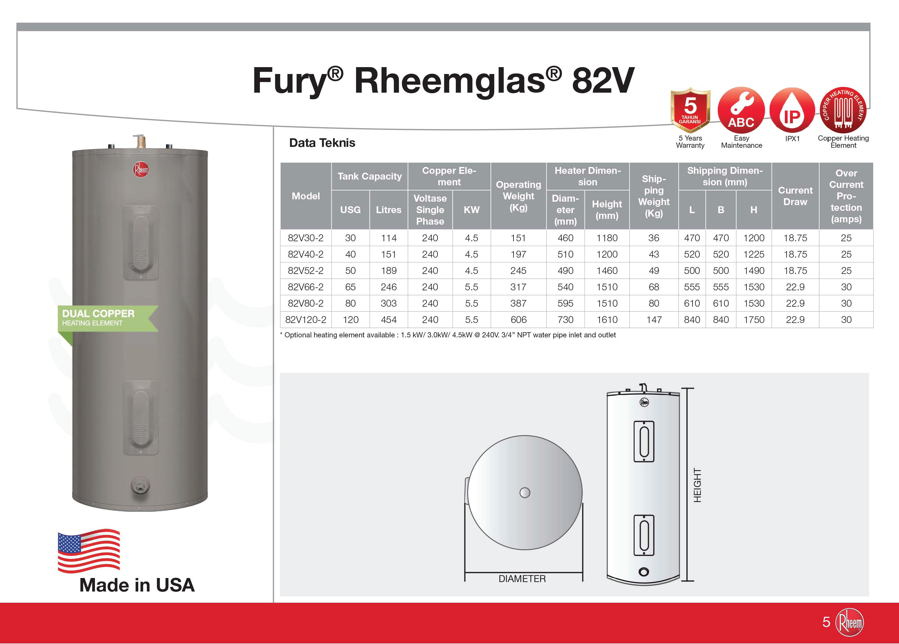 Sell Rheem Fury Rheemglass 82V40-2 Light Commercial Electric Storage Water  Heater Capacity 151 Litre | 21 Harapan Medan